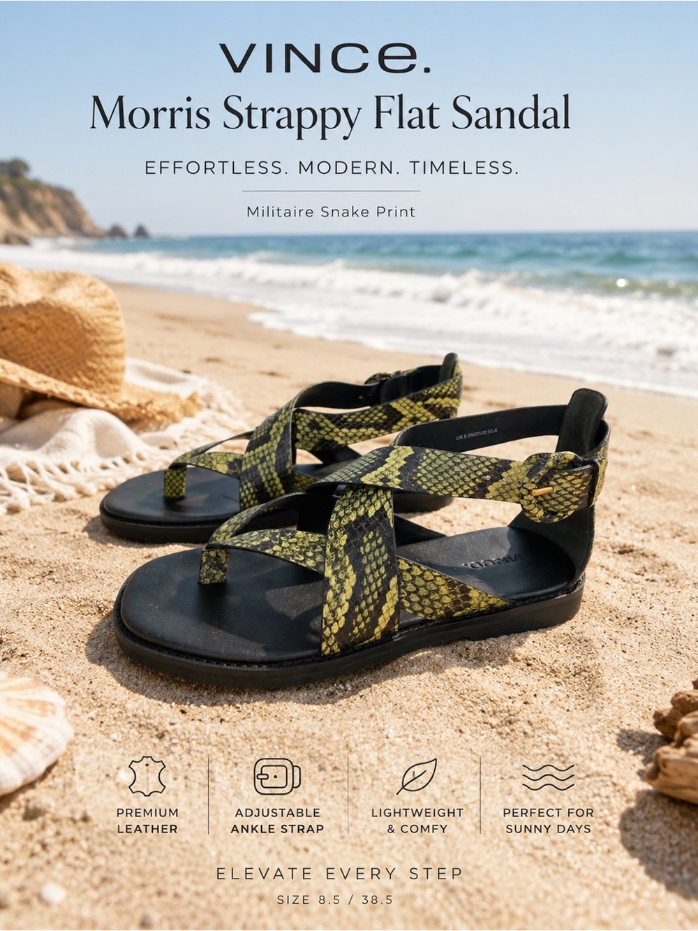 Vince Strappy Snake Embossed Leather Flat Sandal Size US 8.5/EU 38.5